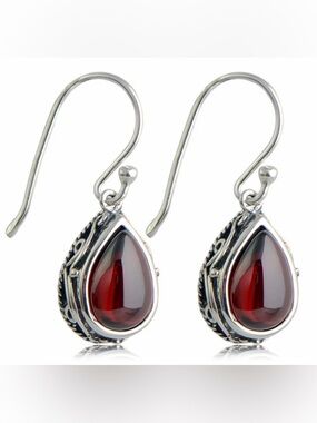 Eva Natural Agate 925 Sterling Silver Red Garnet Teardrop Earrings W/Filigree